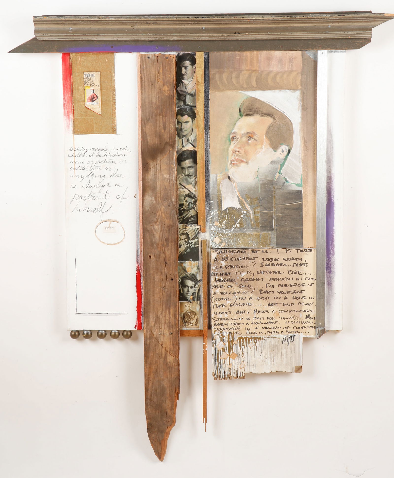 Ron Fritts (20th c.) "Portrait Rock Hudson": Ron Fritts (American/New York, 20th c.) "Portrait of Rock Hudson", mixed media painting and collage assemblage on found wood, signed. Size: 67.5'' x 56.75'' (171 x 144 cm). Artist Note: Ron Fritts is