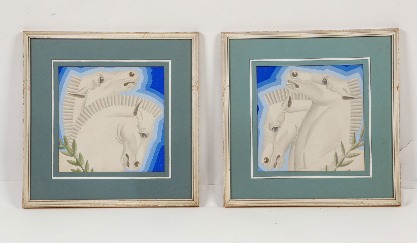 Manner of Gustave Kaitz (1913-1992) Pair of Art Deco Style Horse Paintings: Manner of Gustave Kaitz (1913-1992) Pair of Art Deco Style Horse Paintings, mixed media on paper. Framed. Size: 11'' x 11'', 28 x 28 cm (sight); 18.5'' x 18.5'', 47 x 47 cm (frame). Provenance: Ilene