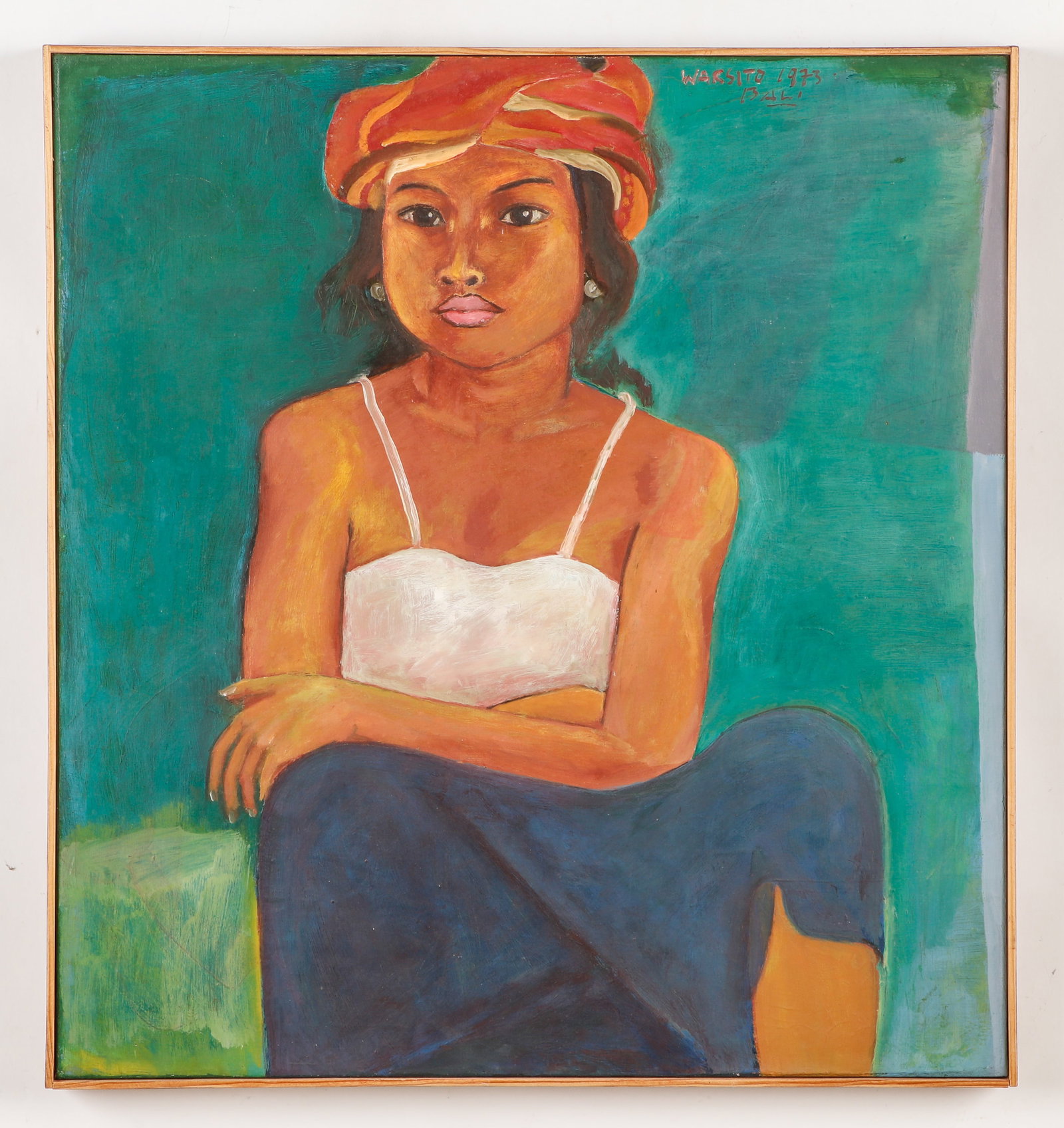 Warsito (Indonesian, 1946-2007) Portrait Painting: Warsito (Indonesia/Java, 1946-2007) Portrait of a Balinese Woman, 1973, oil painting on canvas, signed and dated. Framed. Size: 25.75'' x 24'', 65 x 61 cm (stretcher); 26.25'' x 24.5'', 67 x 62 cm (fr
