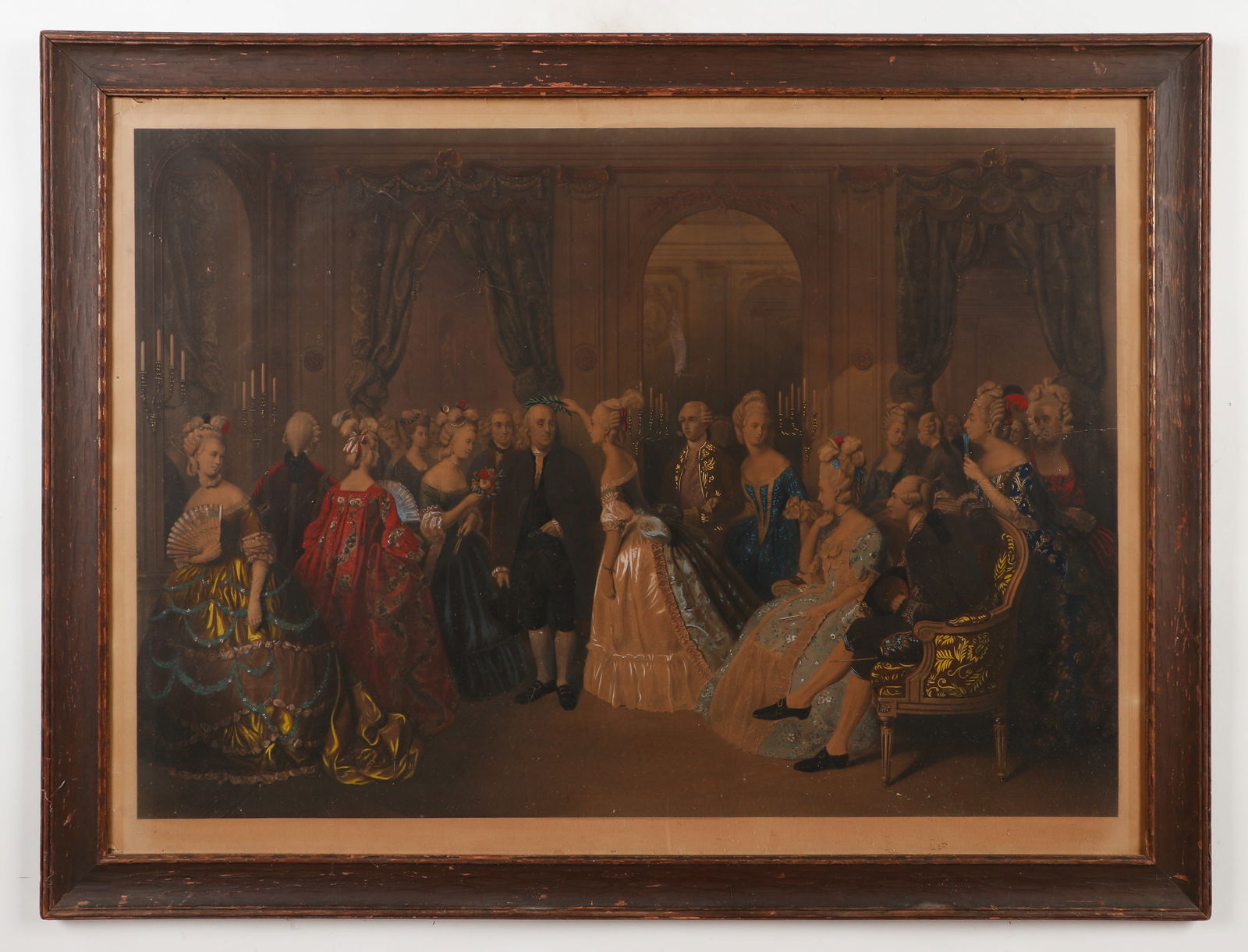 "Benjamin Franklin at French Court" Hand-Colored Engraving (19th c.) (1 of 2)