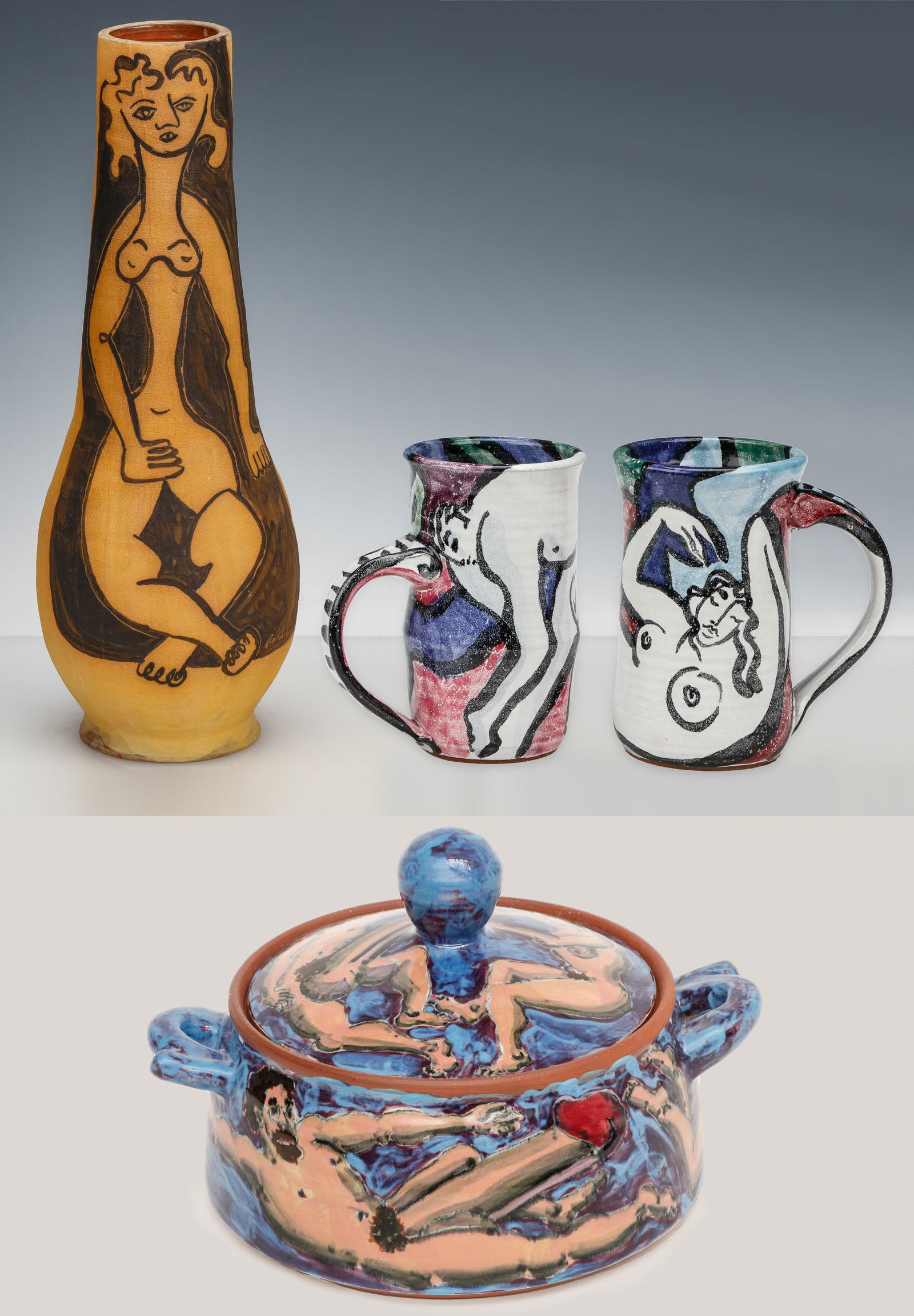 (4) Figurative Ceramics by Various Artists, incl. Peter Grippe (1912-2002): (4) Figurative Ceramics by Various Artists, including: 1) Peter Grippe (1912-2002) Mid Century Modern Ceramic Vase. ex Allentown Art Musuem; 2+3) pair of mugs; 4) a covered vessel with bathers motif.