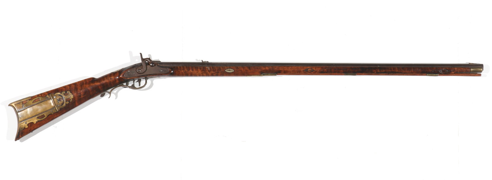 Kentucky Style Long Rifle, C. 1830: Kentucky Style Long Rifle, C. 1830. Unsigned, approx. 40 caliber, striped maple full stock with four-piece brass patchbox, German-silver thumb plate and engraved oval to cheek piece, octagon barrel wi