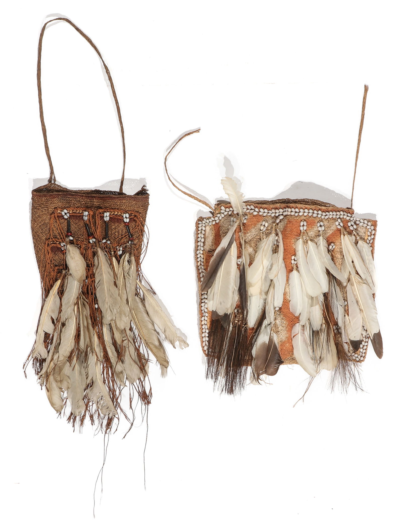 2 Asmat Plant Fiber and Feather Bags, Irian Jaya, Indonesia (1 of 2)