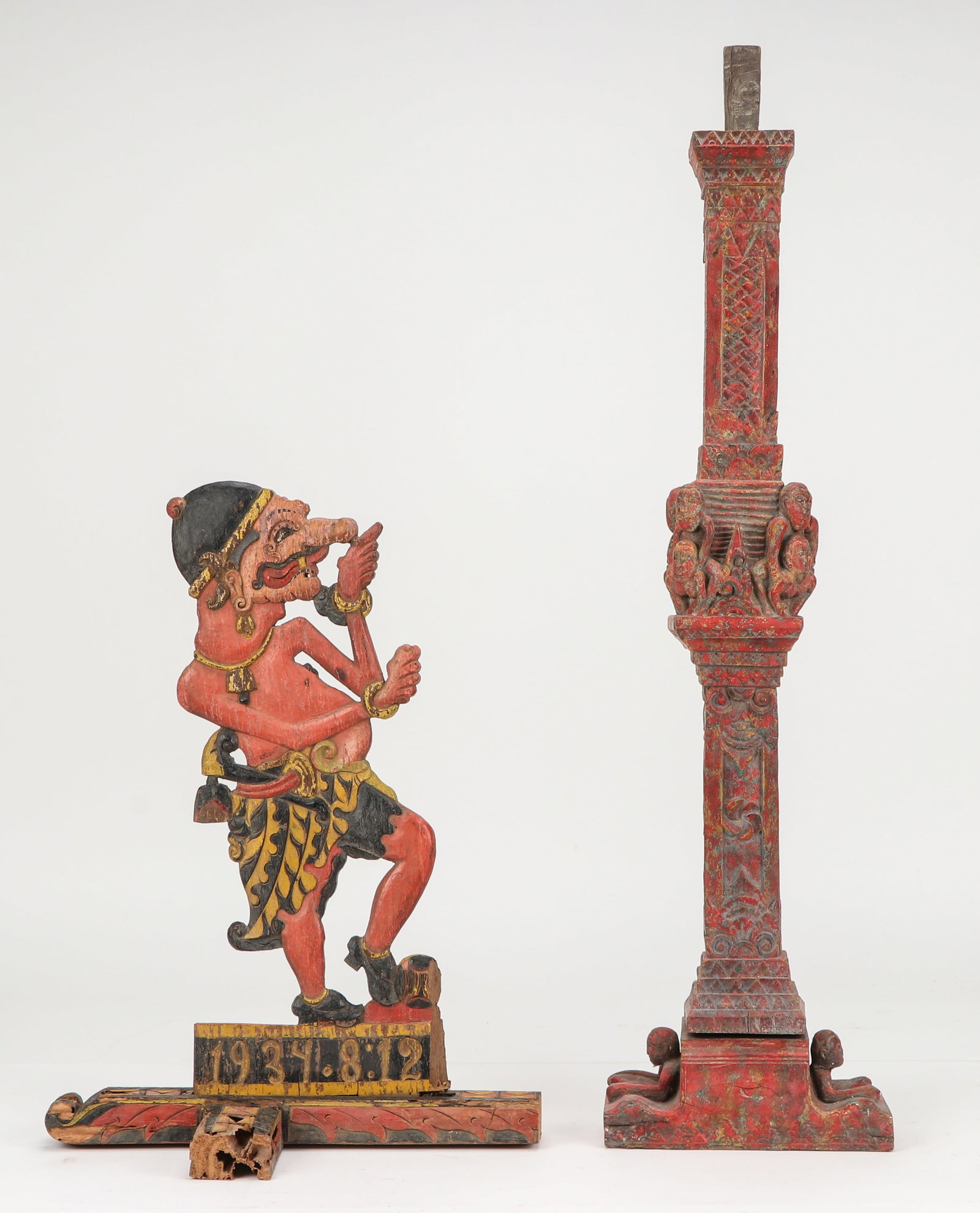 Balinese Carved Wood Figure and Architectural Element: Balinese Carved Wood Figure and Architectural Element. Size: 39'' x 10'' x 4'' (99 x 25 x 10 cm) and 24'' x 17'' x 12'' (61 x 43 x 30 cm).