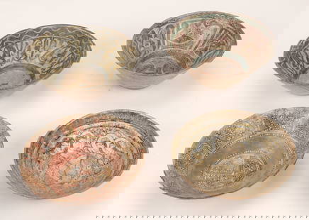 4 Large Antique Persian Nishapur Polychrome Pottery Bowls: 4 Large Antique Persian Nishapur Polychrome Pottery Bowls. Size: Ranging from 4'' x 11'' x 11'' (10 x 28 x 28 cm) to 5'' x 12'' x 12'' (13 x 30 x 30 cm). Private Florida estate collection.