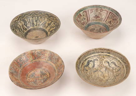 4 Large Antique Persian Nishapur Polychrome Pottery Bowls: 4 Large Antique Persian Nishapur Polychrome Pottery Bowls. Size: Ranging from 4'' x 11'' x 11'' (10 x 28 x 28 cm) to 5'' x 12'' x 12'' (13 x 30 x 30 cm). Private Florida estate collection.