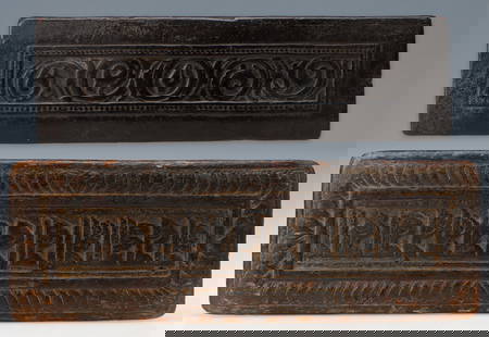2 Antique Tibetan Carved Wood Manuscript Covers: 2 Antique Tibetan Carved Wood Manuscript Covers. Size: 1) 14.75'' x 4.5'' x 1'' (37 x 11 x 3 cm). 2) 18.25'' x 6.25'' x 1'' (46 x 16 x 3 cm).