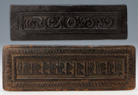 2 Antique Tibetan Carved Wood Manuscript Covers: 2 Antique Tibetan Carved Wood Manuscript Covers. Size: 1) 14.75'' x 4.5'' x 1'' (37 x 11 x 3 cm). 2) 18.25'' x 6.25'' x 1'' (46 x 16 x 3 cm).