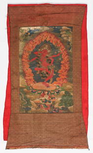 Antique Tibetan Thangka of Kurukulla (Red Tara): Antique Tibetan Thangka of Kurukulla (Red Tara.) Paint on cloth. Main Line Philadelphia collection. Size: 25'' x 16'', 64 x 41 cm (image); 42'' x 23'', 107 x 58 cm (overall).