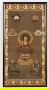 Chinese Buddha Painting: Chinese Buddha Painting. Ink and color on silk. Size: 35'' x 18.5'', 89 x 47 cm (image); 41'' x 21,25'', 104 x 5398 cm (frame).