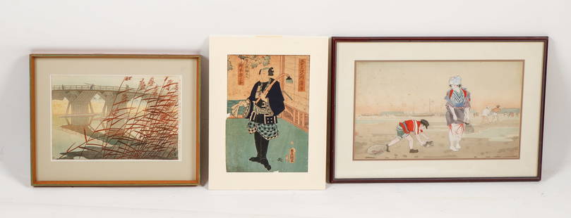 3 Japanese Woodblock Prints: 3 Japanese Woodblock Prints. Including: Toyokuni III (Kunisada) / Kabuki Actor, from series 53 stations of the Yoshiwara; 2) Kiyokata Kaburagi, Figures on beach, 1930’s; 3) Shiro Kasamatsu (189
