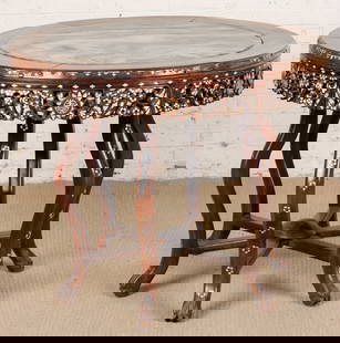Chinese Round Marble Top Pearl Inlaid Center Table: Chinese Round Marble Top Pearl Inlaid Center Table. On shaped six-legged base with stretcher. Size: 32'' x 40'' (81 x 102 cm).