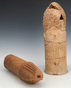 2 African Bura Asinda-Sikka Terracotta Funerary Urn, Niger: 2 African Bura Asinda-Sikka Terracotta Funerary Urn, Niger. Classic phallic stele form with raised decorative elements. C. 200-1400 CE. One reconstructed from several pieces, the other broken at the b