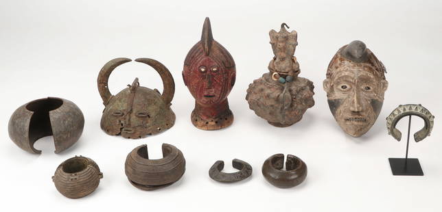 Ethnographic Collector's Lot: Ethnographic Collector's Lot. Including an African Senufo Bronze Helmet, Ivory Coast, African metal currency bracelets and anklets, a Dogon terracotta and metal shrine figure, wooden head and a mask.