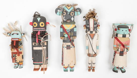 5 Native American Hopi Kachina Dolls by Various Artists: 5 Native American Hopi Kachina Dolls by Various Artists. Including: Soyok (Ogre Grandmother) by Denet Chavarria, Manuel; Hakto (Wood Carrying Kachina) by Fred Ross; Kokopelli by Clark Tenakhongva;