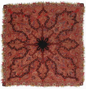Kashmir Shawl, India, Mid 19th C.: Kashmir Shawl, India, Mid 19th C. With old paper label: "Shawl worn by Phoebe Ann Smith Jewett b.29 July 1829 (Butler Co., Ohio) m. Orrin Crosby Jewett 12 Jan 1852, Rush Co., In d. 28 May 1927, Greenb