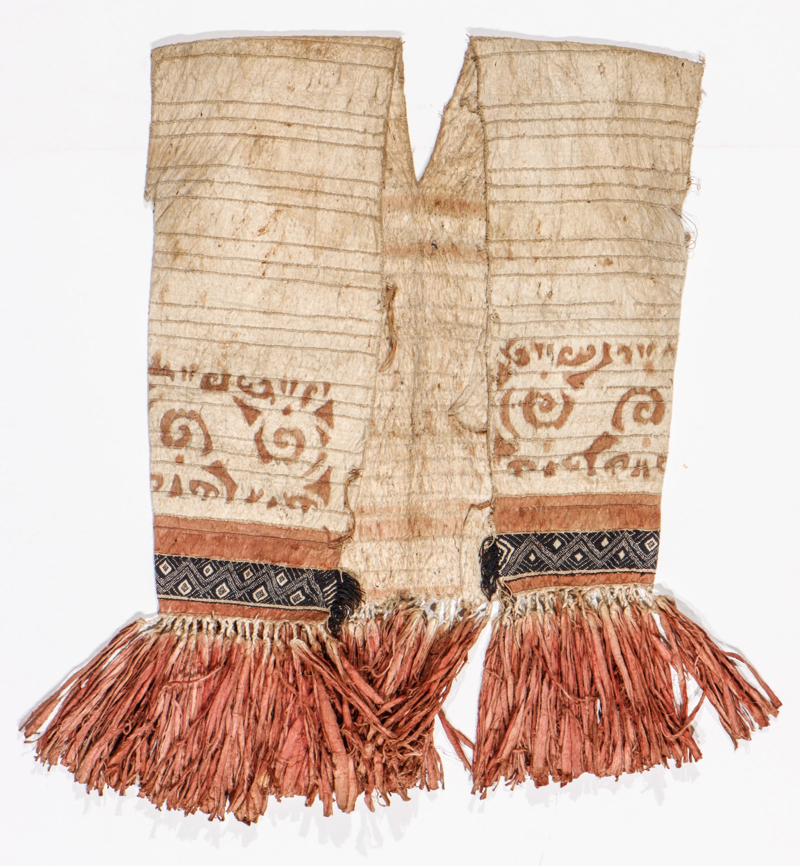 Dayak Barkcloth Vest w. Aso Motif, Kayan-Kenyah People, Early/Mid 20th C.: Dayak Barkcloth Vest w. Aso Motif, Kayan-Kenyah People, Early/Mid 20th C. Size: 20'' x 21'' (51 x 53 cm). With fringe: 27" (53 cm).