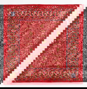 Rare Headcloth With Ikat And Embroidery, Palembang, Sumatra, Indonesia, 19th C.: Rare Headcloth With Ikat And Embroidery, Palembang, Sumatra, Indonesia, 19th C. Silk headcover of weft wrap resist (ikat) in a square design with plain borders on all sides, these plain borders filled