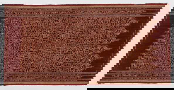 Iban Dayak Pua Textile, Borneo, Early/Mid 20th C.: Ceremonial Dayak Textile Pua with Ikat motifs on cotton, natural dyes; Borneo, Sarawak State, Malaysia, from the coastal area, near or in the Saribas area. Size: 6'1'' x 3'0'' (185 x 91 cm)