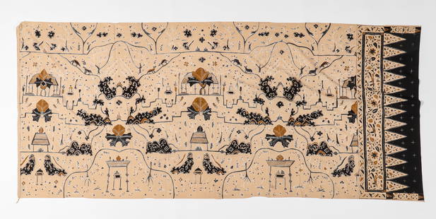 Chinese-Influenced Tulis Batik, Indonesia, Early 20th C.: Chinese-Influenced Tulis Batik, Indonesia, Early 20th C. With kirin, fish and temple motif in blue and brown on beige ground. Size: 7'8'' x 3'4'' (234 x 102 cm).