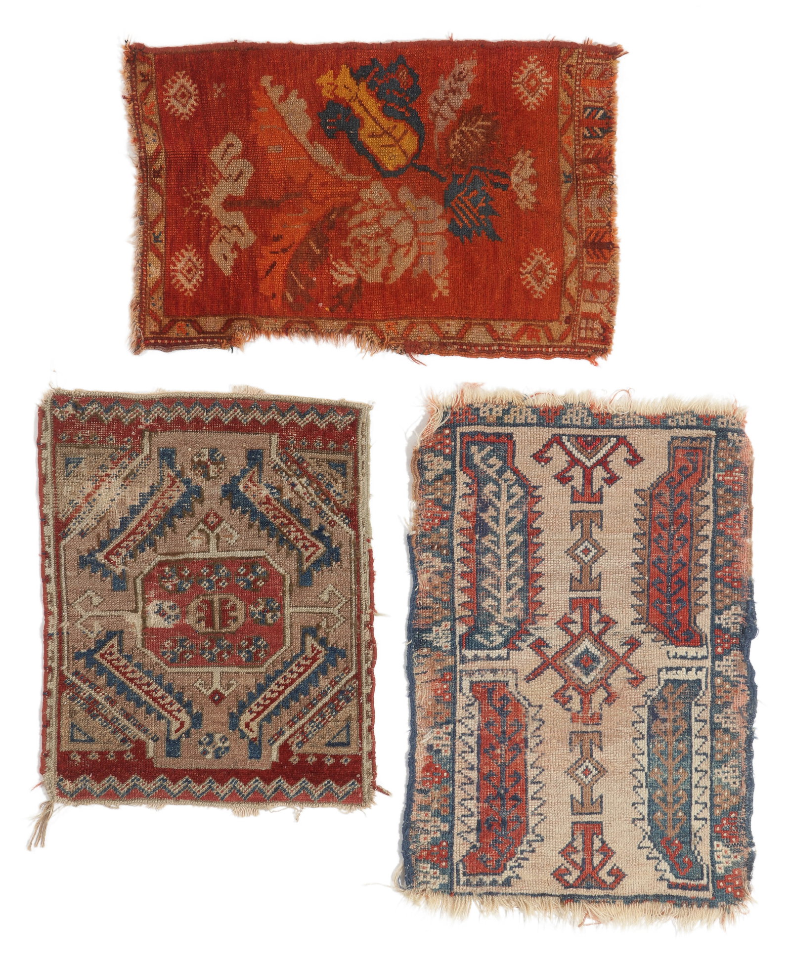 3 Antique Turkish Yastiks, Central Anatolia: 3 Antique Turkish Yastiks, Central Anatolia. Largest: 1'7'' x 2'4'' (48 x 71 cm). Weight: 3 lbs. Material: wool pile, wool warp, wool weft.