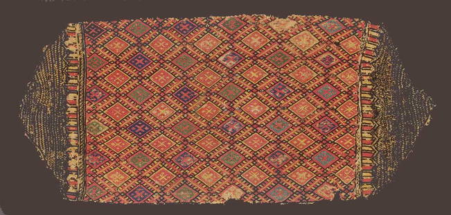 Antique Chefchaouen Embroidery, Morocco, C. 18th C.: Antique Chefchaouen Embroidery, Morocco, C. 18th C. Silk embroidered linen. Mounted. Condition: Good.some corroded areas, stains, repairs. Size: 12'' x 25'', 30 x 64 cm (stretcher); 10'' x 22'', 25 x