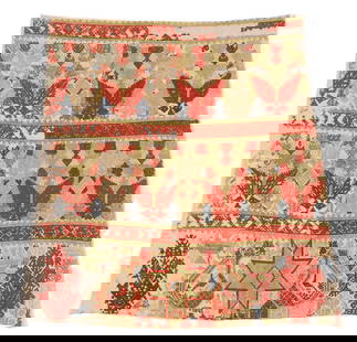 18th C. Greek Island Embroidery Fragment, Rhodes: Greek Island Embroidery Fragment, Rhodes, 18th C. Silk embroidery on linen. Size: 27'' x 29'' (69 x 74 cm). Fragment of an embroidery that is most likely a part of a bed tent panel. The three main des