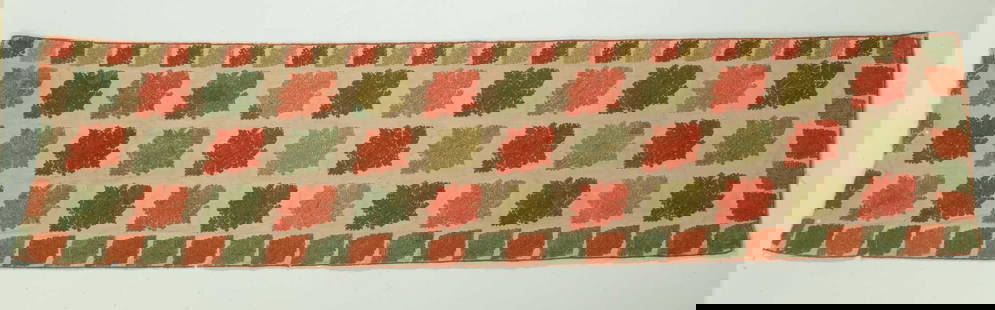 18th C. Greek Island Embroidery, Rhodes: 18th C. Greek Island Embroidery, Rhodes. Heavy linen with embroidered Rhodian cross stitch. Size: 21'' x 86'' (53 x 218 cm). Several rows of leaf pattern of alternating rust and green and framed by a