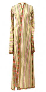 Ottoman Silk Anteri Robe, 19th C.: Ottoman Silk Anteri Robe, 19th C. Silk and green white stripes, the white with supplementary weave of gold and red stylized leaf motif. Cotton lining. Deep side vents and large open cuffs. The edges o