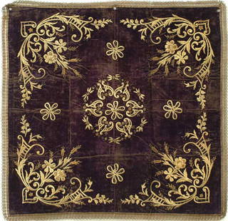 19th C. Ottoman Embroidery on Purple Velvet: 19th Century Ottoman Embroidery on Purple Velvet.Size: 36'' x 36'' (91 x 91 cm). This work is crafted from silk velvet, gold thread, metallic coil, and cardboard. It dates back to the late 19th centur