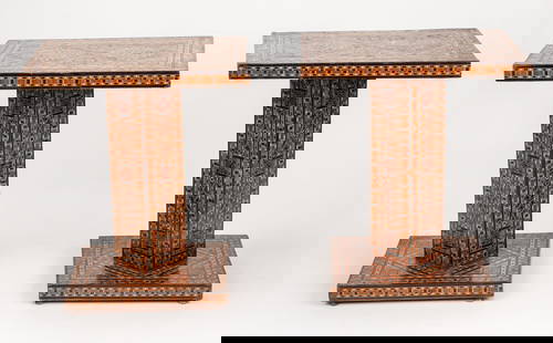 Pair of Antique Syrian Marquetry Side Tables: Pair of Antique Syrian Marquetry Side Tables. These small, low marquetry tables were used to serve refreshments and drinks. Historically they came in different shapes: round, square, hexagonal, octago