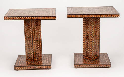 Pair of Antique Syrian Marquetry Side Tables: Pair of Antique Syrian Marquetry Side Tables. These small, low marquetry tables were used to serve refreshments and drinks. Historically they came in different shapes: round, square, hexagonal, octago