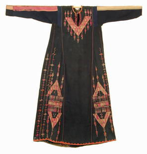 Coastal Palestinian Dress (Thob or Shirsh), C. 1930.: Coastal Palestinian Dress, C. 1930. Cotton with silk embroidery. Size: 58'' x 29'' (147 x 74 cm). The embroiderer used green, pink, and red thread to decorate the dress with geometric designs and cypr