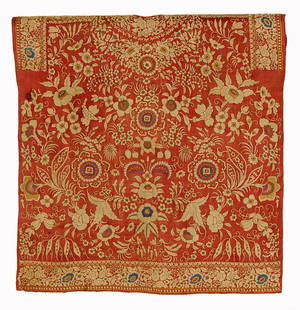 Parsi Woman's Blouse (Jubla), Gujarat, 19th C.: Parsi Woman's Blouse (Jubla), Gujarat, 19th C. Sleeveless silk blouse with satin stitch embroidery in the Chinese taste. Size: 21.5'' x 21'' (55 x 53 cm).This embroidered Parsi blouse was made in Guja