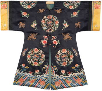 Chinese Bat Jacket, Late 19th C.: Chinese Bat Jacket, Late 19th Century: Silk and metallic thread on silk. Size: 44'' x 50'' (112 x 127 cm).This sumptuous wide-sleeved silk robe, with a front opening, was a favored garment for women d