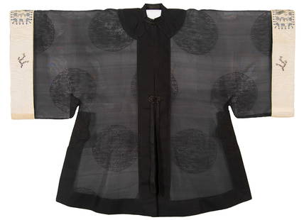 Chinese Black Gauze Summer Robe, 19th C.: Chinese Black Gauze Summer Robe, 19th C. An informal robe in black silk gauze. This summer robe has a subtle medallion design with off white delicately embroidered silk cuffs. In the summer heavy sati