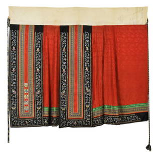 Antique Chinese Skirt, or Double Apron: Antique Chinese Skirt, or Double Apron. Silk with silk and metal thread embroidery. Size: 40'' x 46'' (102 x 117 cm). A wedding skirt, or double apron, comprised of a pair of wide pleated panels worn