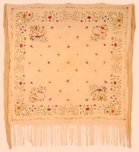 Chinese Canton Shawl, 19th C.: Chinese Canton Shawl, 19th C. Silk on silk. Size: 7'6'' x 7'6'' (229 x 229 cm). Made for the European market. Small embroidered flowers, birds and butterflies dot the central field, with a large bird