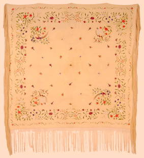 Chinese Canton Shawl, 19th C.: Chinese Canton Shawl, 19th C. Silk on silk. Size: 7'6'' x 7'6'' (229 x 229 cm). Made for the European market. Small embroidered flowers, birds and butterflies dot the central field, with a large bird