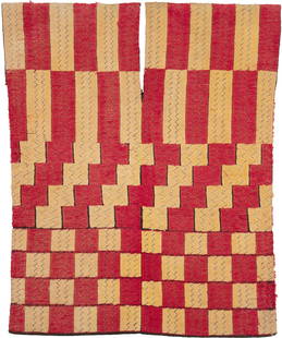 Burmese/Thai Pwo Karen Blouse, Mid 20th C.: Burmese/Thai Pwo Karen Blouse, Mid 20th C. Ground of plain woven black cotton with supplementary weft of red and gold. Size: 25'' x 20'' (64 x 51 cm). The design features vertical stripes on top, zigz