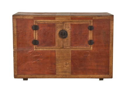 Korean Stackable "Nong" Clothing Chest, C.1900: Korean Stackable "Nong" Clothing Chest, C.1900. Chest of light wood with two small doors and no compartments inside. The outside covered with paper painted in subdued tones of red and yellow. Size: 21