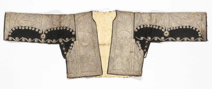 Balkan Cepken Long Sleeved Embroidered Vest, 19th C.: Balkan Cepken Long Sleeved Vest, 19th C. Silver threadwork. Size: 15'' x 47'' (38 x 119 cm).