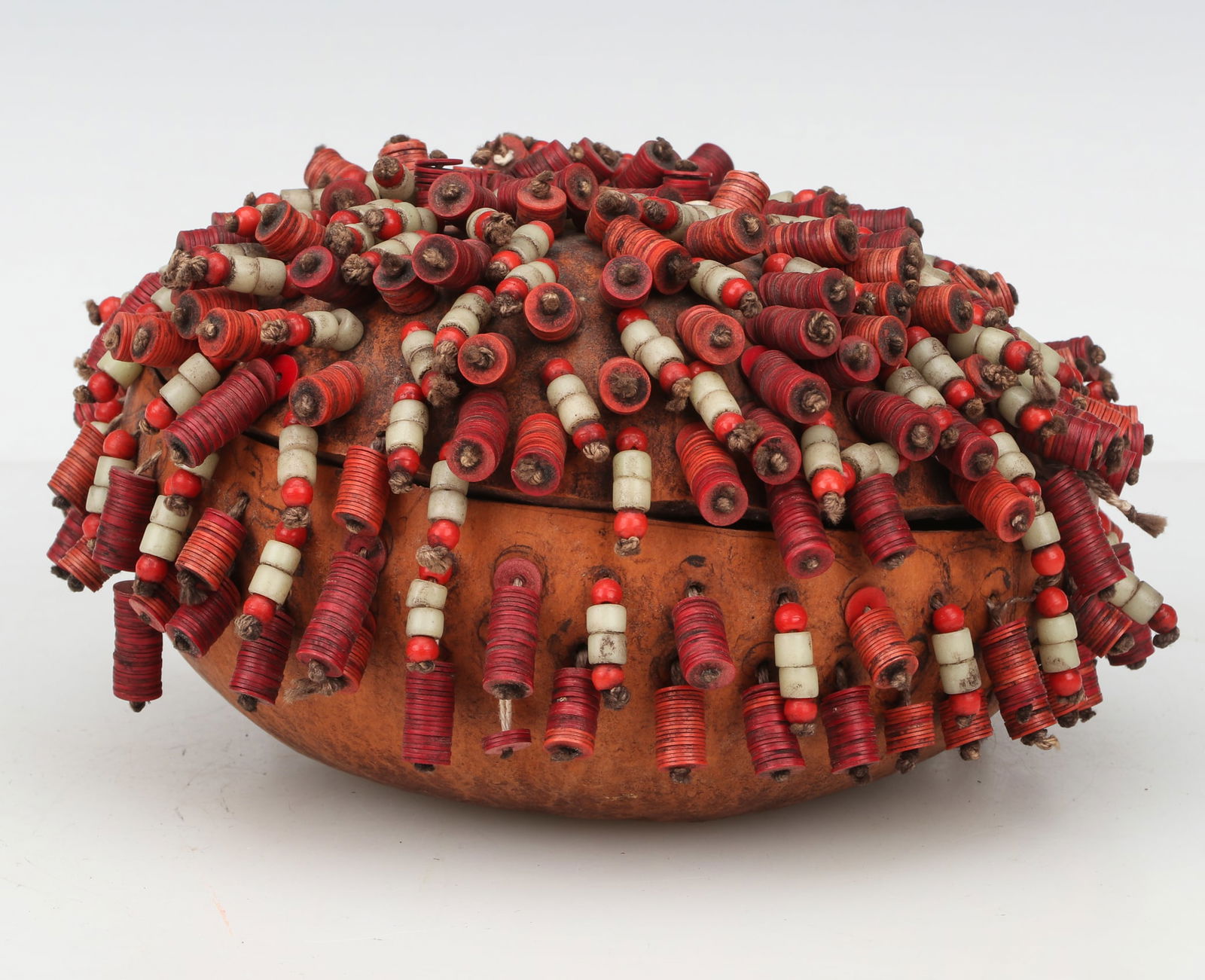 African Fon Gourd Box with Decorated Lid, Benin, Mid 20th C.: African Fon Gourd Box with Decorated Lid, Benin, Mid 20th C. Size: 4'' x 7'' x 7'' (10 x 18 x 18 cm).