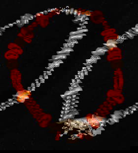 Moroccan Silver, Seed, Amber and Coral Bead Necklace, Early 20th C.: Moroccan Silver Alloy, Seed, Amber and Coral Bead Necklace, Early 20th C. Size: Length: 21.5" (55 cm).