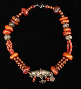 Moroccan Silver, Seed, Amber and Coral Bead Necklace, Early 20th C.: Moroccan Silver Alloy, Seed, Amber and Coral Bead Necklace, Early 20th C. Size: Length: 21.5" (55 cm).