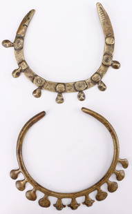 2 Naga Brass Headhunter Chokers, India, Early 20th C.: 2 Naga Brass Headhunter Chokers, India, Early 20th C. Size: 1) 7'' x 6'' (18 x 15 cm); 2) 7'' x 5'' (18 x 13 cm). The Naga people were a group of various tribes that resided in Nagaland, other parts o