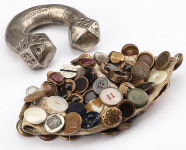 Yemenite Button Cap and 19th C. Syrian Bracelet: Yemenite Button Cap and 19th C. Syrian Bracelet. Cotton, buttons of assorted mediums and silver alloy. Size: 1) 5'' x 4'' (13 x 10 cm); 2) 5'' x 10'' (13 x 25 cm).