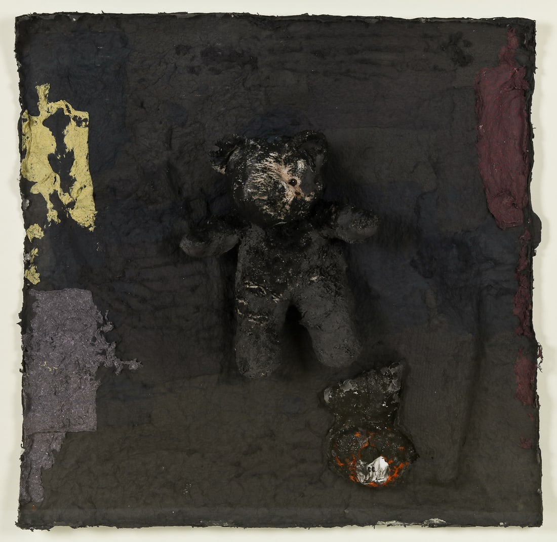 German Pitre (American, 20th c.) Fear of the Dark: German Pitre (American, 20th c.) "Fear of the Dark Series". 2005. Black cotton pulp sprayed under and over fiberglass screen to which a teddy bear and stuffed Garfield are sewn. From an edition of 20.