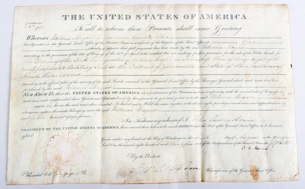 President John Quincy Adams Signed Land Grant: President John Quincy Adams Signed Land Grant. Signed, "J.Q. Adams", as President, in brown ink on vellum, dated August 6, 1825, Washington, D.C., 10.0" x 15.75". "William Magaw" of Leashacton (sp?) O