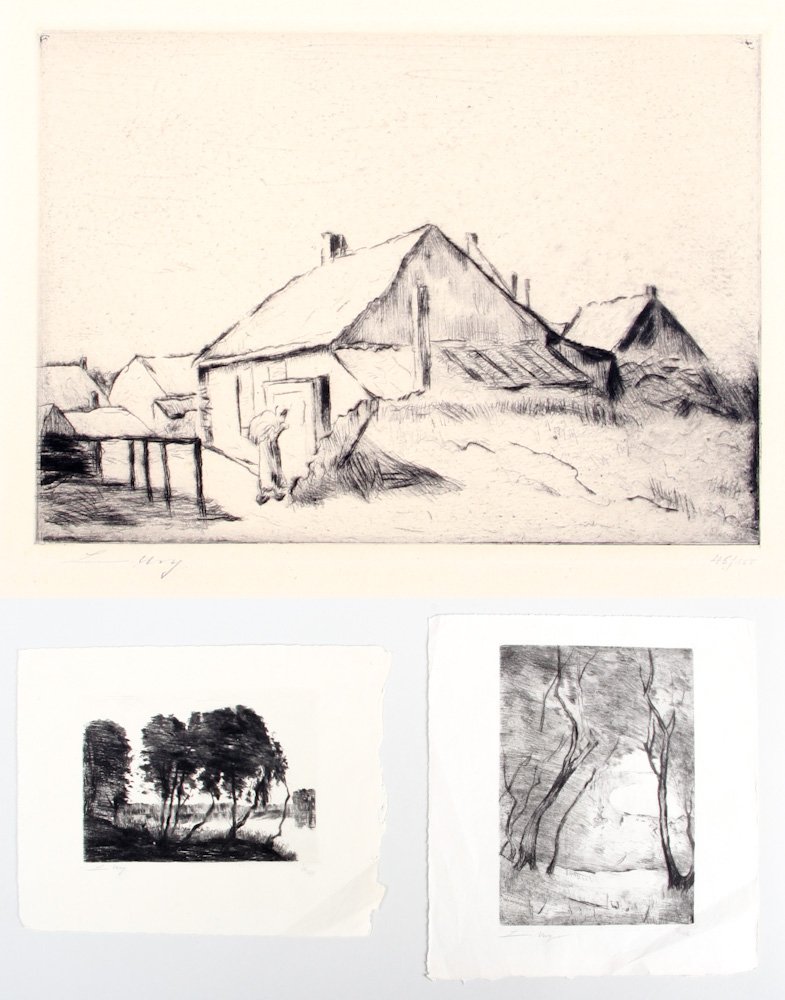 Three Etchings by Lesser Ury (German 1861-1931): Three Etchings by Lesser Ury (German 1861-1931), all unframed. 1) Holland House, signed lower left in pencil, 46/100, image size: 5.5"x7.75", paper size: 10.5"x13" 2) Vertical image of trees, signed l